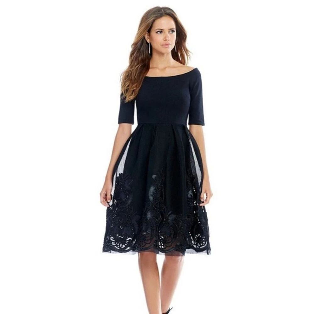 Gianni Bini Dana Little Black Dress Off Shoulder Embroidered Mesh Skirt XS